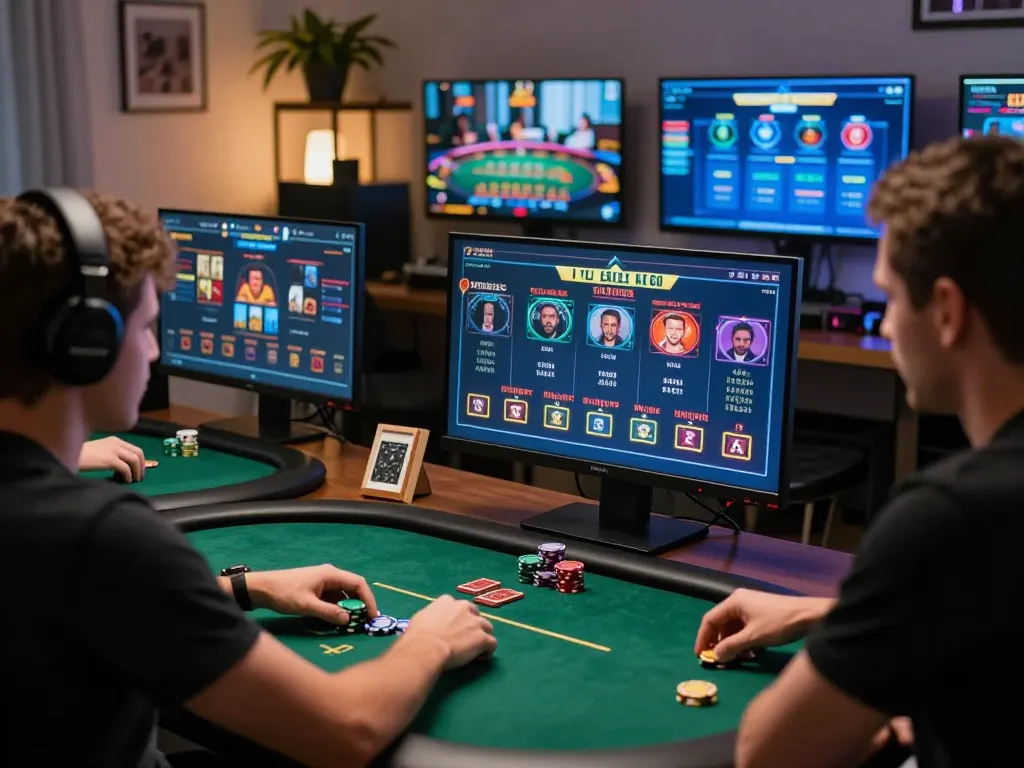 Intense poker gameplay at an online setup showcasing https://uu88.blog/ with immersive screens and strategic betting.