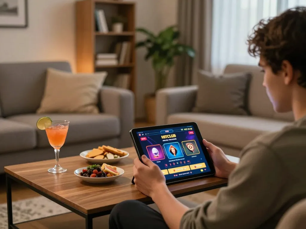 Engaging in gameplay action on the HITCLUB casino app using a tablet at home.