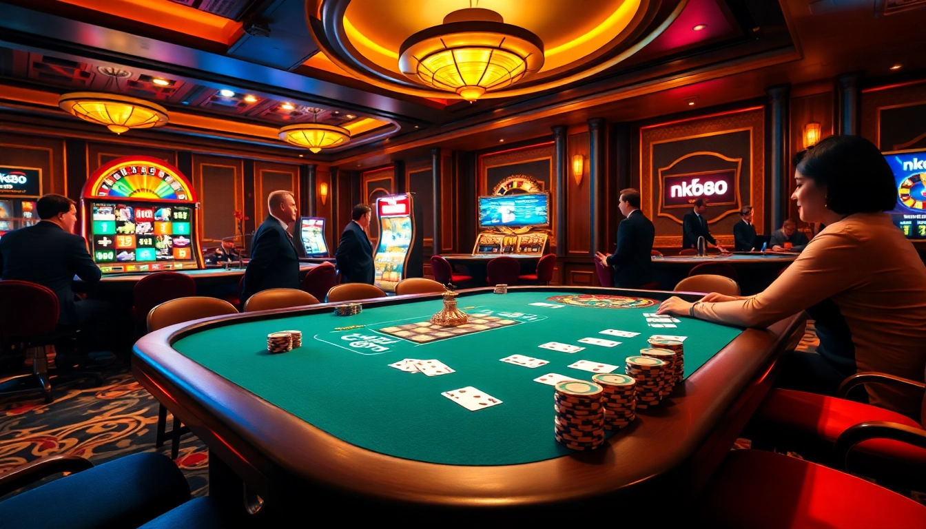 Enjoy an exciting game at NK88's casino with vibrant poker tables and roulette wheels.