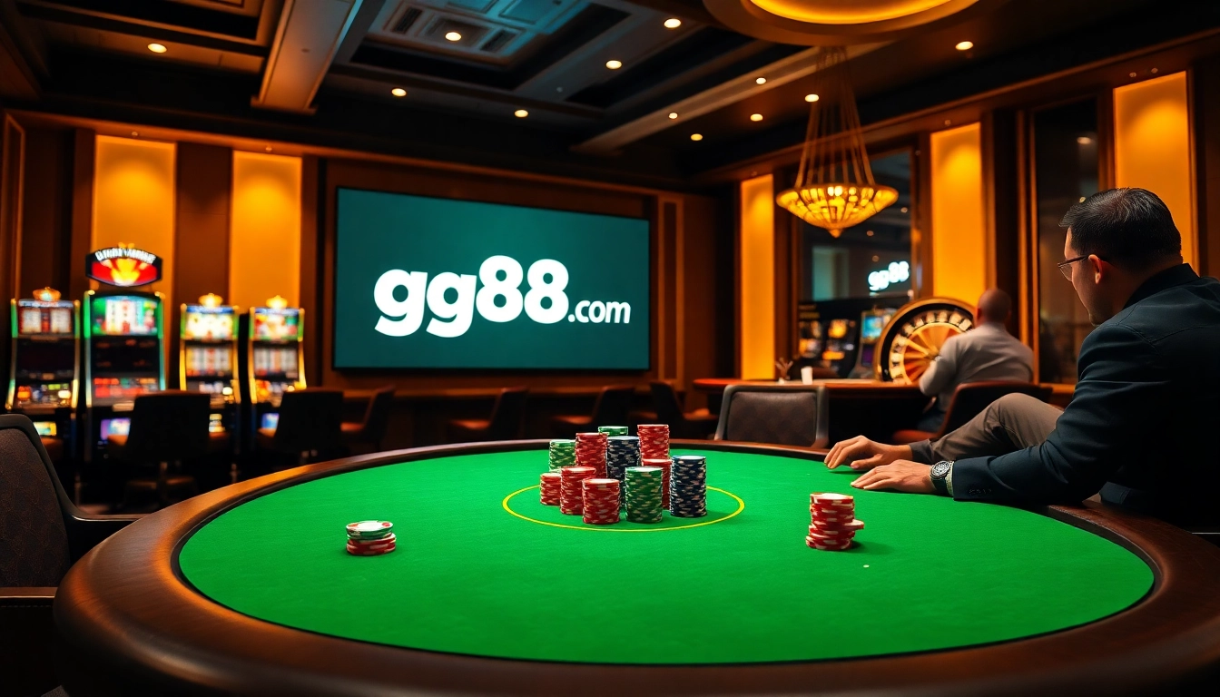 Experience thrilling gameplay at gg88.com with poker chips and a vibrant casino atmosphere.