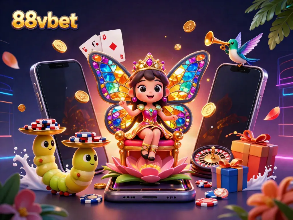 Enjoy thrilling games at 88vbet with a colorful casino scene featuring butterfly queen and vibrant gaming elements.