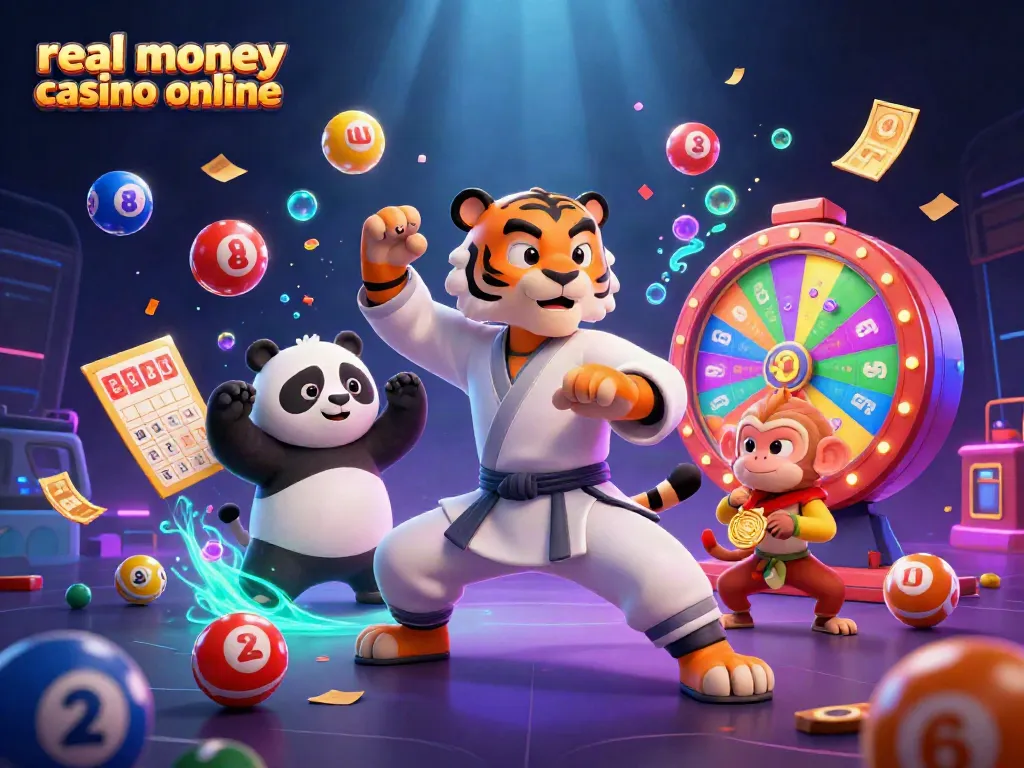 Play exciting games at a real money casino online with a vibrant 3D illustration featuring a kung fu tiger and friends.