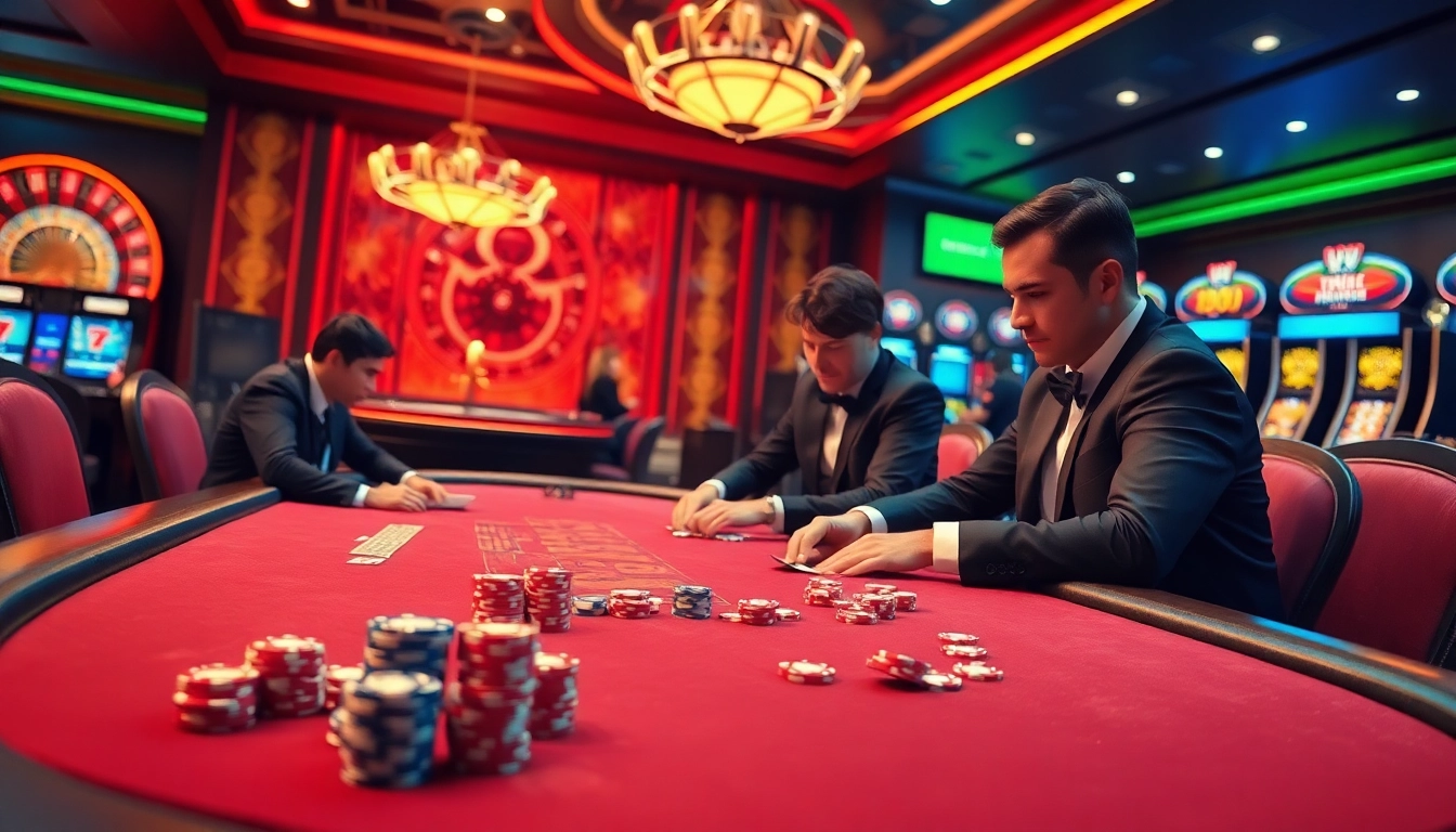 Players engaging at a luxurious poker table in the TG88 casino, showcasing high-stakes excitement.