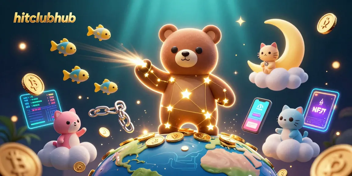 Experience the vibrant gaming adventure at hitclubhub with glowing crypto coins and celestial characters.