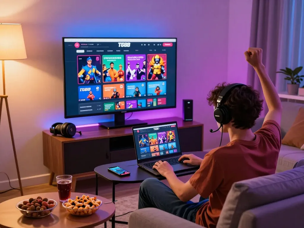 Exciting TG88 online gaming experience in a modern living room, featuring engaging user interface.