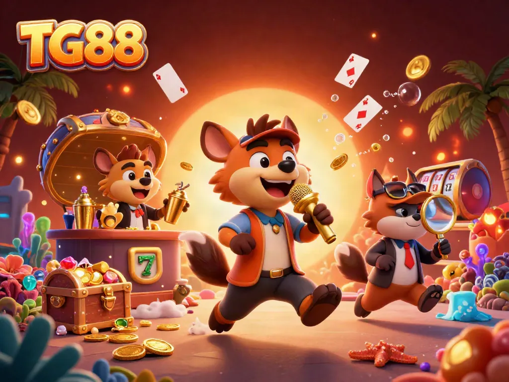Hyenas in a comedy casino club showcasing TG88's vibrant gaming atmosphere with treasures and cards.