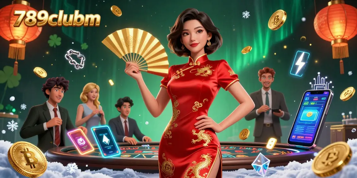 Engage with 789clubm's vibrant casino illustration featuring a confident Asian woman amidst gold coins and crypto elements.
