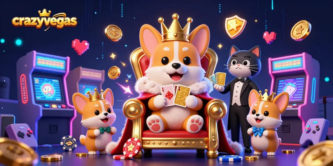 Experience the excitement of casino gaming with crazyvegas as royal corgis rule the scene surrounded by game machines.