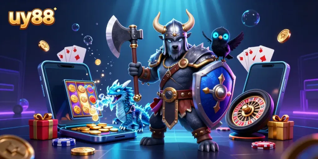 Experience thrilling wins at uy88 with a Viking warrior, dragon, and vibrant casino elements
