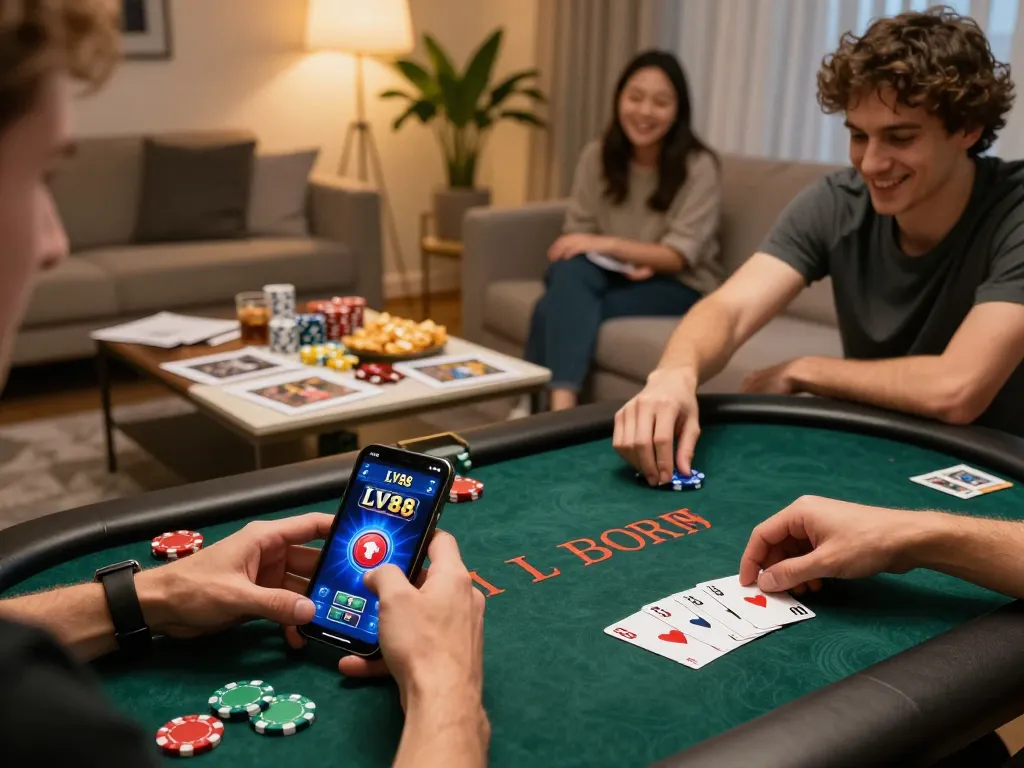 Engaged player using LV88 app for online poker, showcasing vibrant game graphics and strategic gameplay setup.