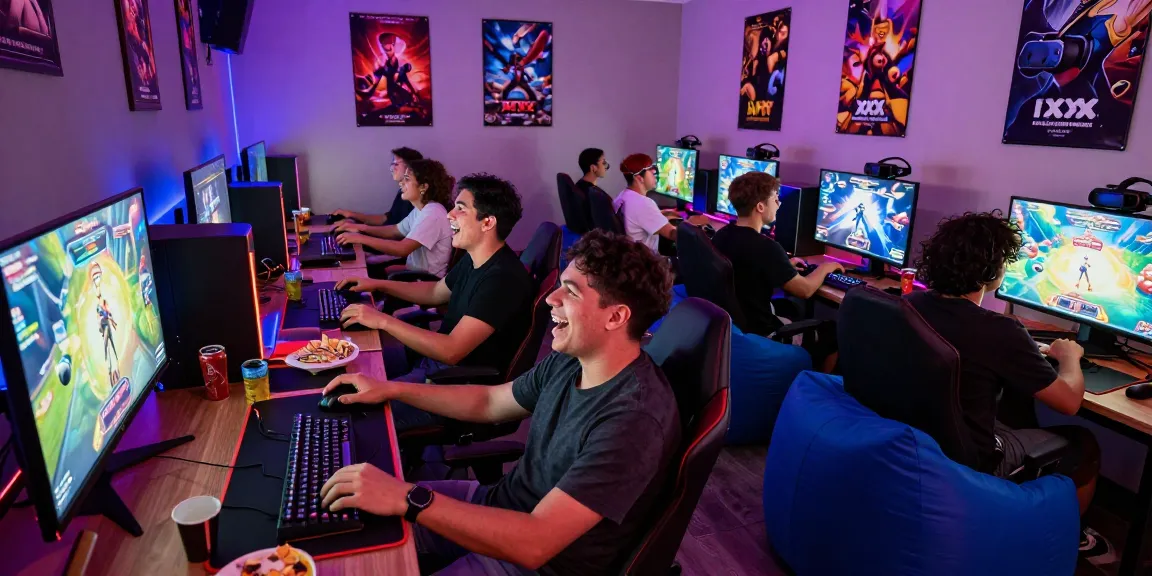 Group of friends enjoying an exciting xxx game in a vibrant gaming lounge.