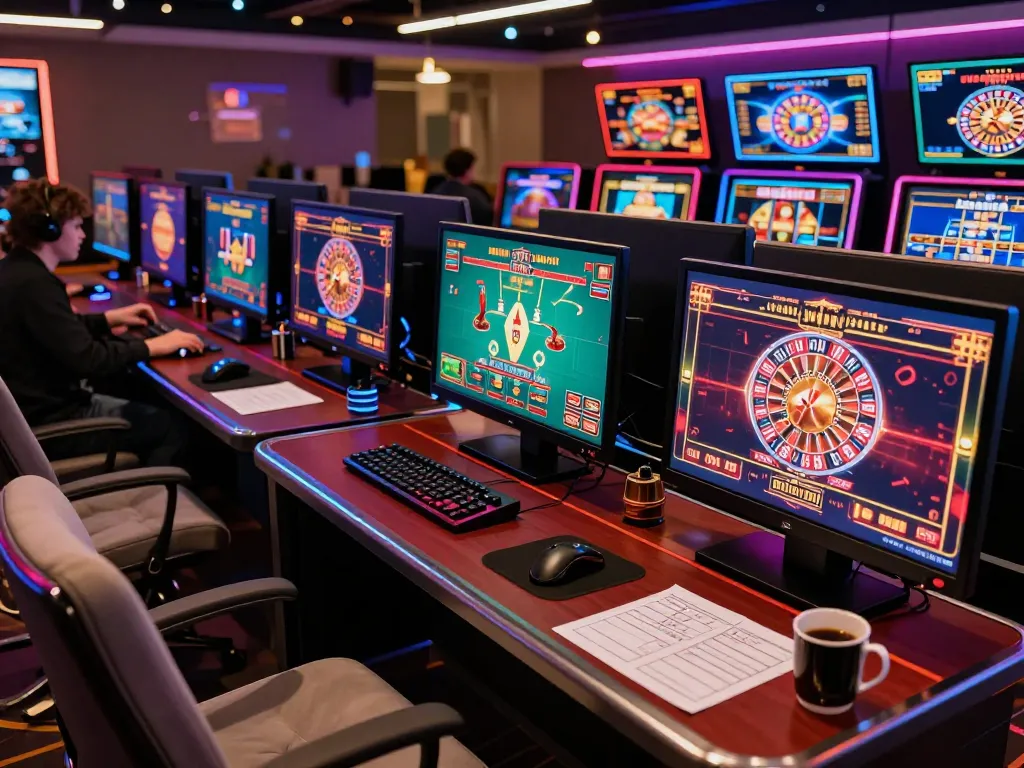 Engaging online gaming setup at https://tx88at.com/ showcasing multiple screens and vibrant colors.