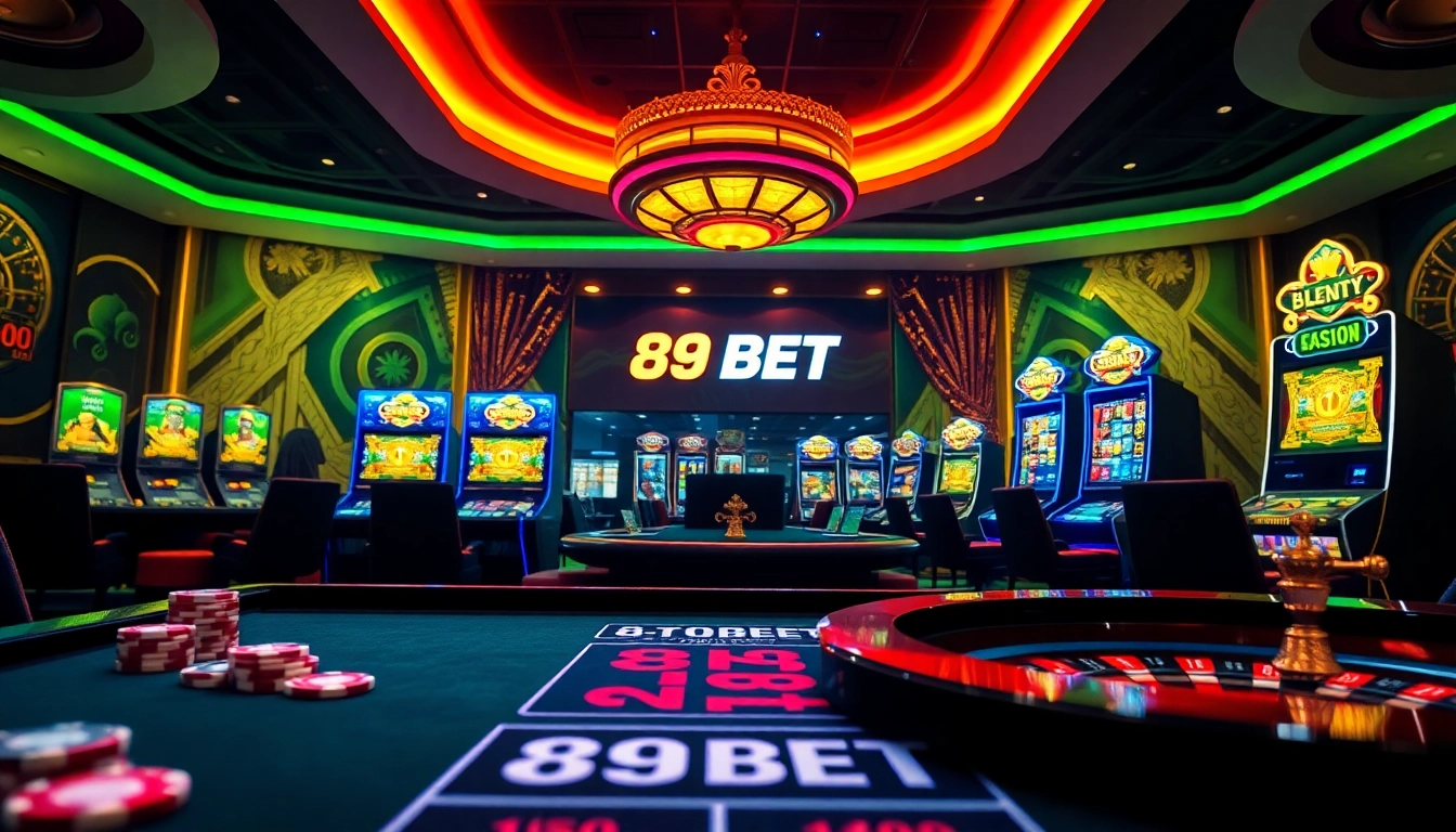Visualize an exciting 89BET casino scene with poker chips and a roulette wheel, highlighting thrilling gambling action.