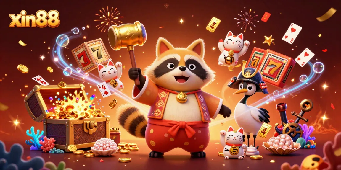 Win big with xin88 in a vibrant casino adventure featuring lucky tanuki, crane, and fortune cats.