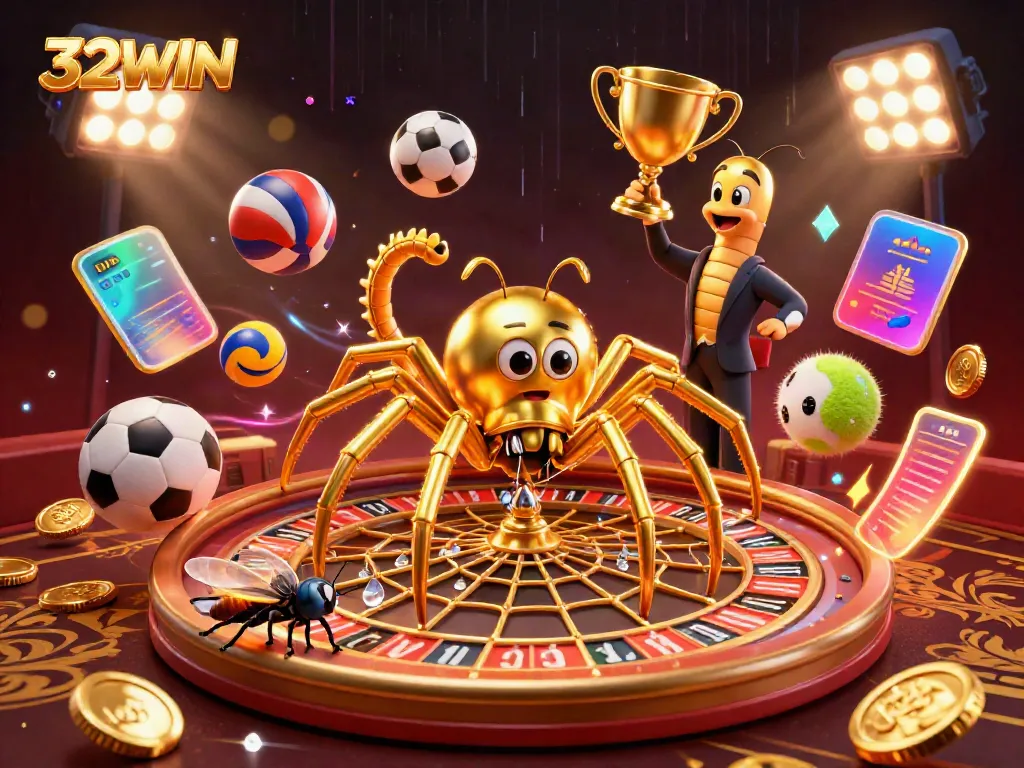 32WIN spider web roulette scene with nervous fly betting in dynamic sports environment