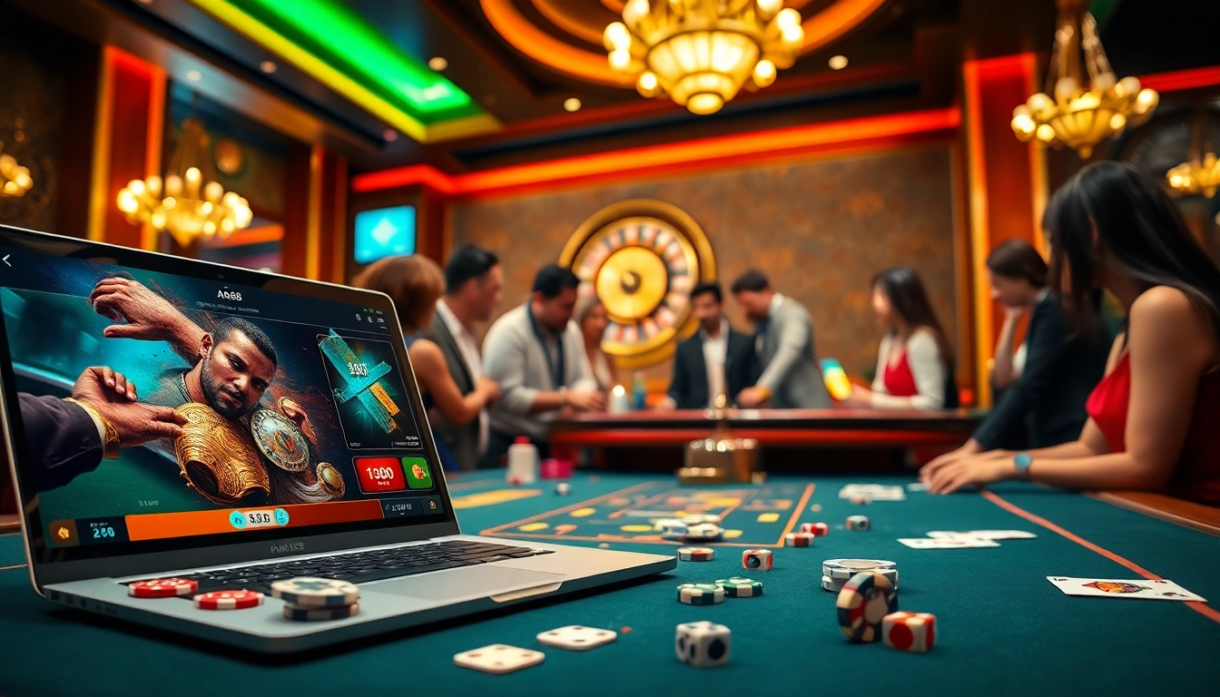 A player analyzes AA88 online betting options at a luxurious casino table, surrounded by poker chips and cards.
