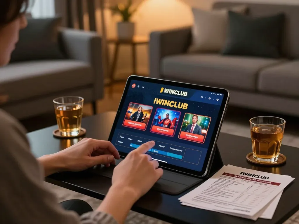 Engaging with the IWINCLUB app for strategic online casino gameplay in a cozy living room