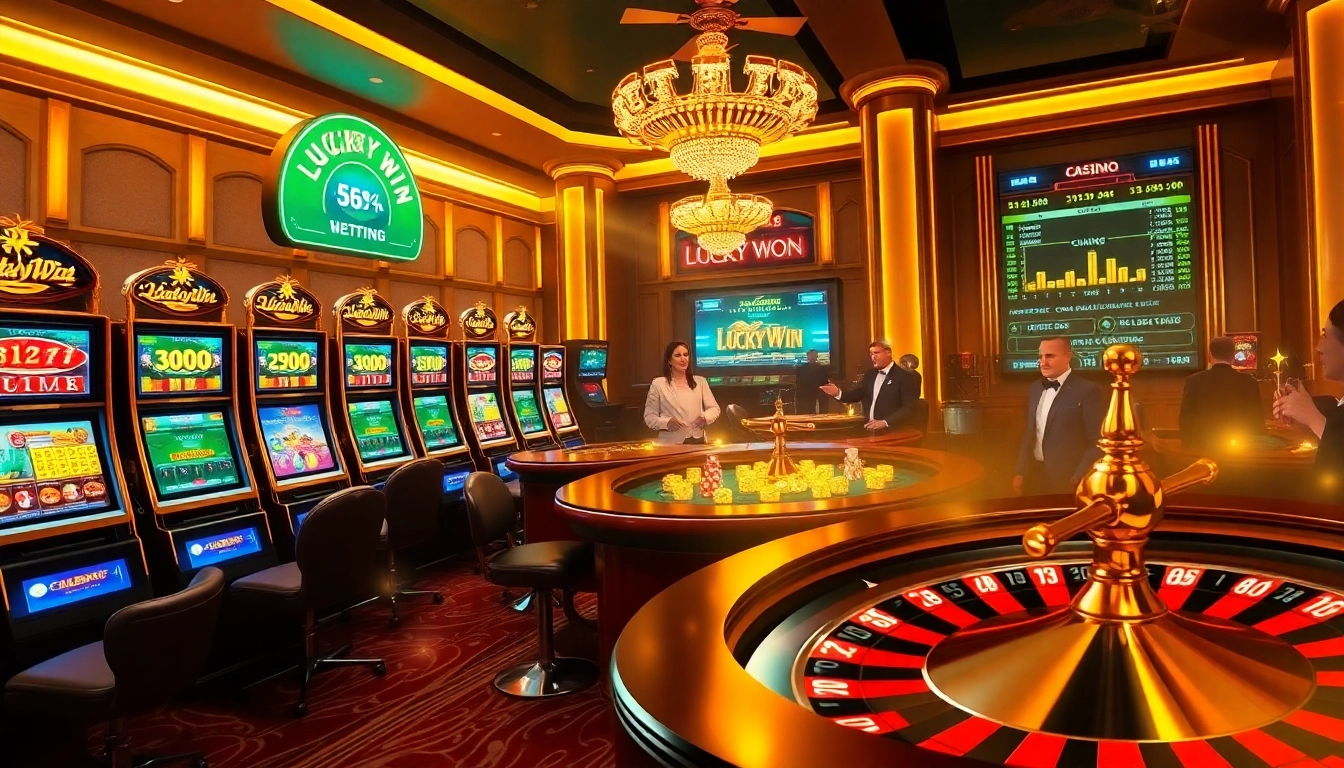 Experience thrilling gameplay at LuckyWin with vibrant slot machines and a bustling casino atmosphere.