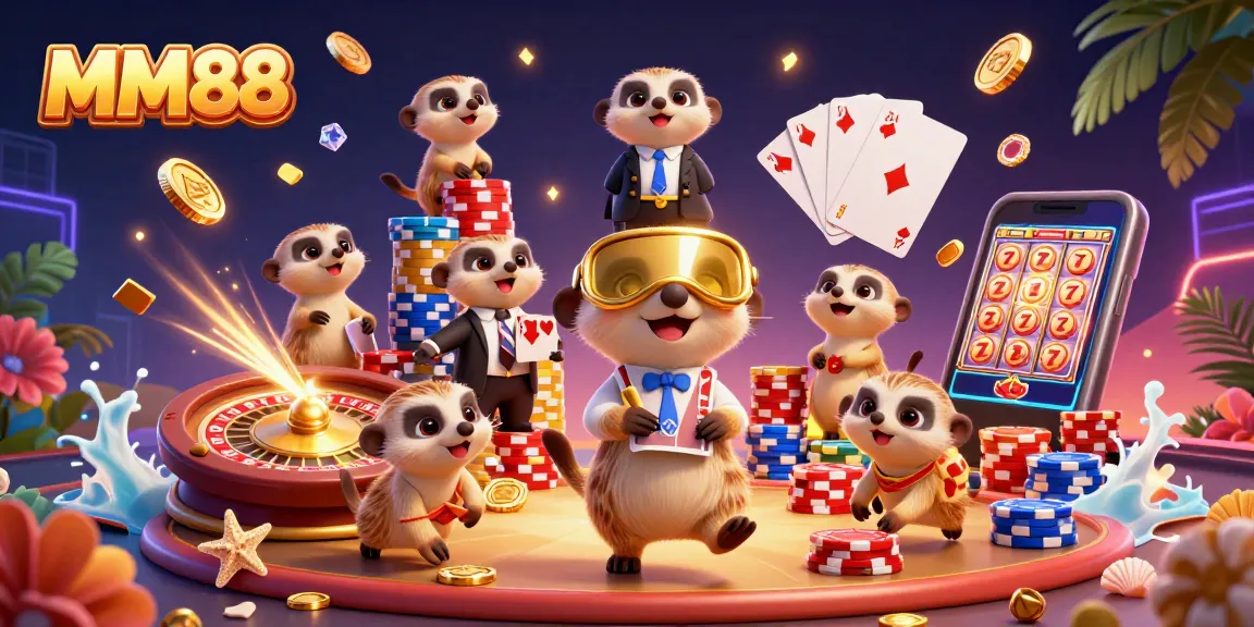 Experience the excitement of MM88 Casino with meerkats running the show, showcasing vibrant games and treasures.