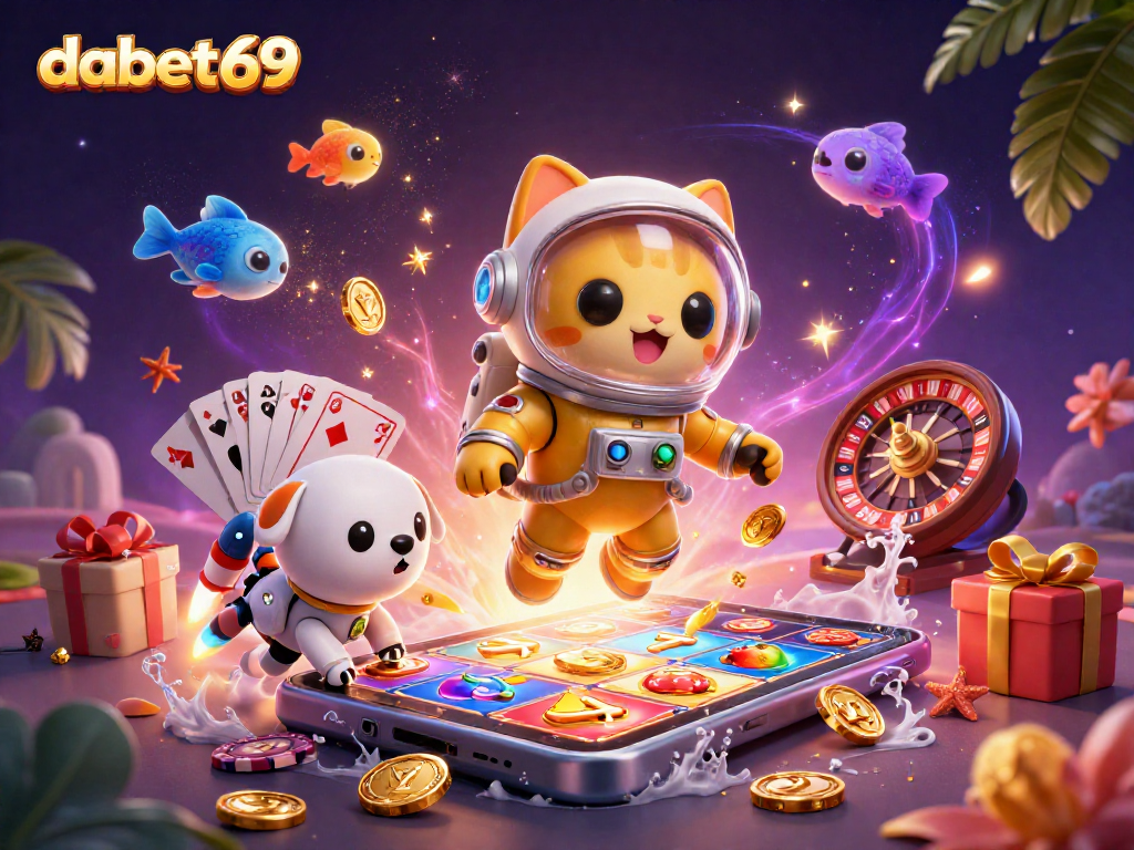 Engage with dabet69 in a vibrant casino-themed 3D illustration featuring an astronaut cat, robot dog, and slot game action.