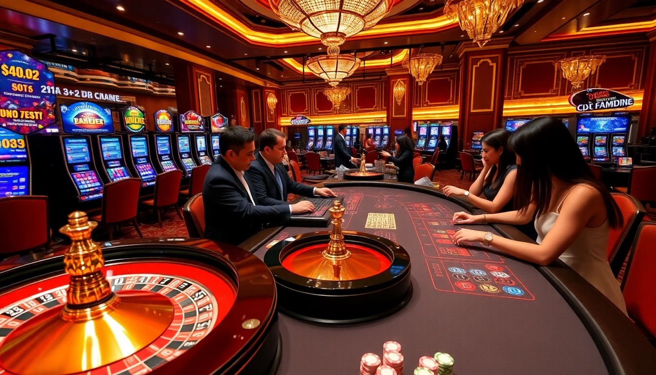 A vibrant casino scene at DV88 featuring engaged players betting at gaming tables and roulette wheels.