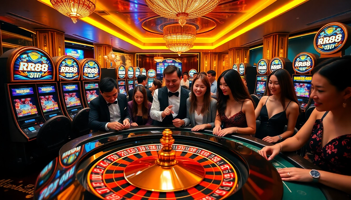 Experience the thrill of RR88 as players engage at casino tables with vibrant slot machines around them.