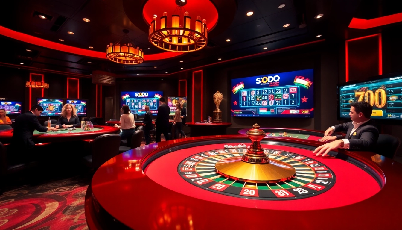 SODO Casino players engaging in high-stakes gambling at a luxurious roulette table.