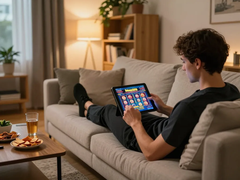 Login Mega888 from home, enjoying online slots on a tablet in a cozy living room.