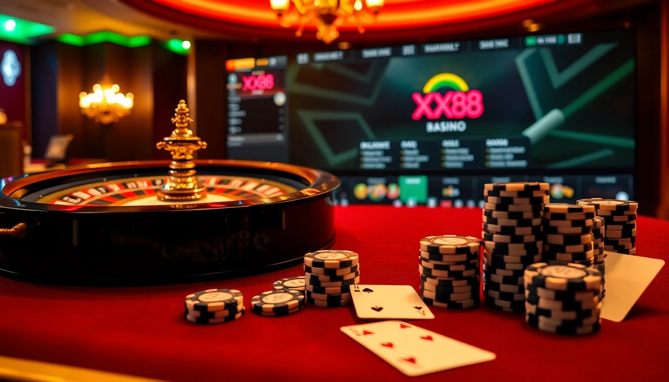 Engaging online gambling scene featuring luxury elements of nhà cái XX88 with poker chips and roulette.