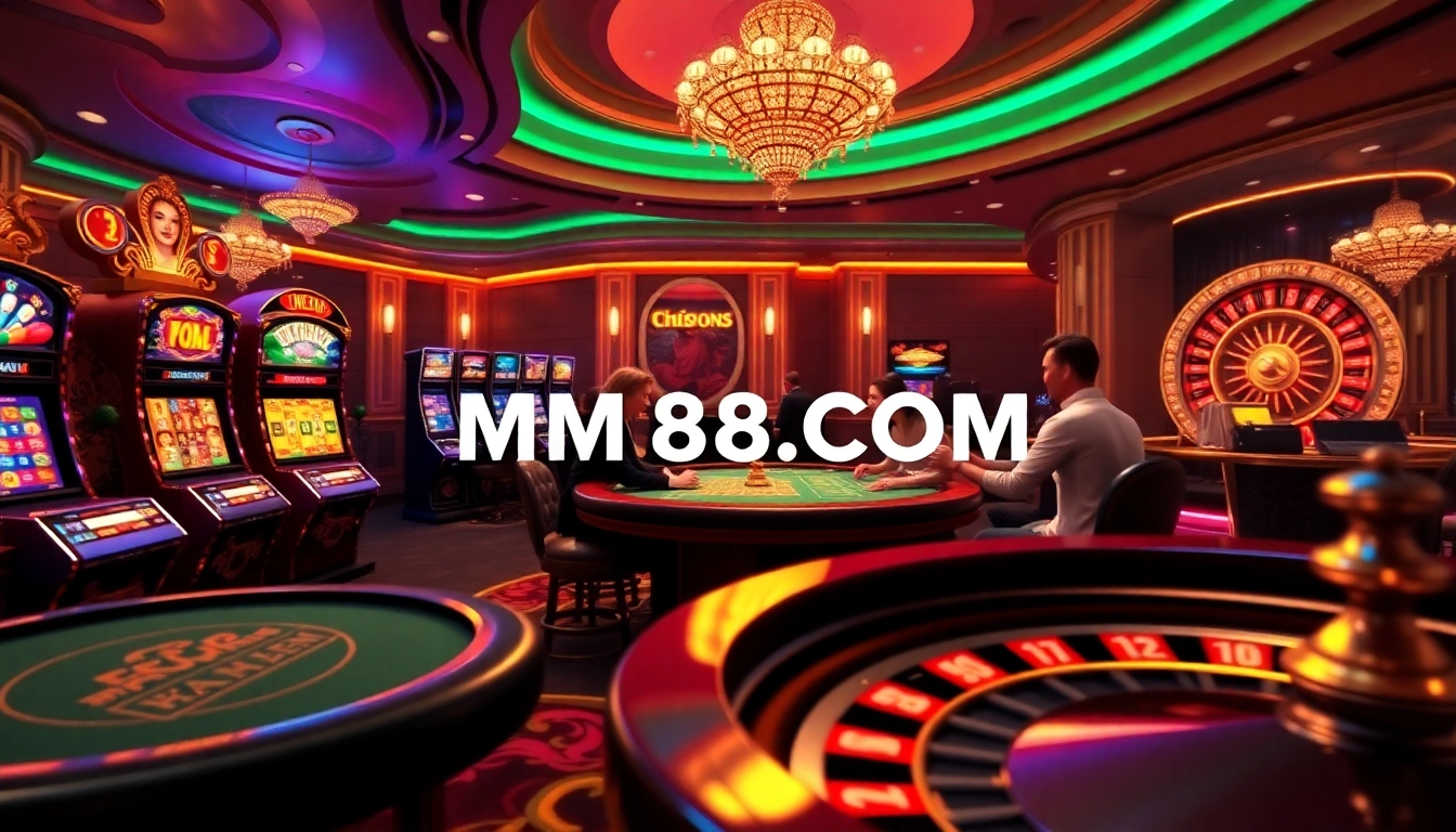 Experience the excitement of MM88.COM with vibrant casino visuals featuring poker and roulette tables.