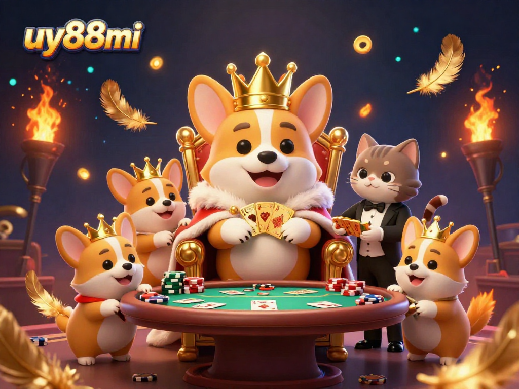 Experience exciting games with uy88mi showcasing a royal corgi, poker elements, and a vibrant atmosphere.