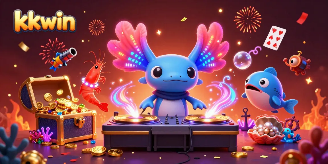 kkwin casino features an axolotl DJ spinning records surrounded by colorful game elements.