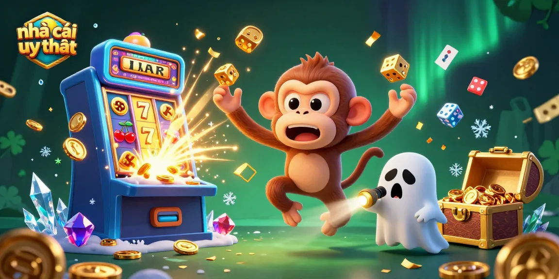 Engaging scene of nhà cái uy tín with a mischievous monkey juggling casino treasures while a curious puppy tracks it.