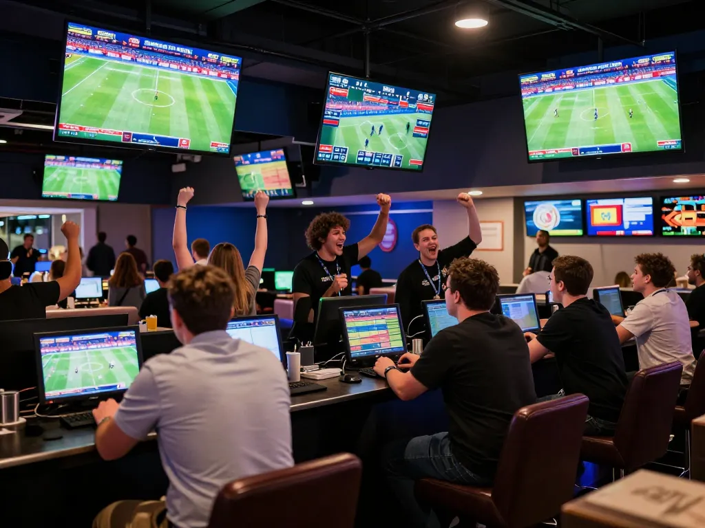 Engaged fans placing bets at Go 88 sports betting arena, full of excitement