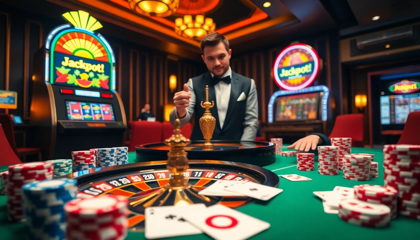 Engaging casino scene at PHWIN with roulette, poker chips, and cards.