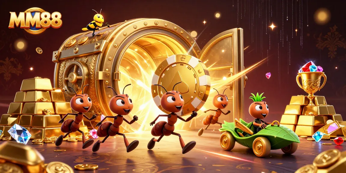 MM88 ants carry a giant poker chip through a treasure vault in a vibrant, animated casino heist scene.