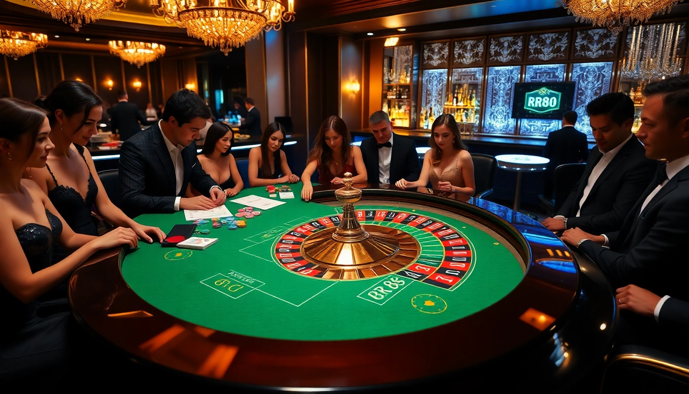 High-stakes gamblers enjoying a luxurious RR88 casino experience at a vibrant roulette table.