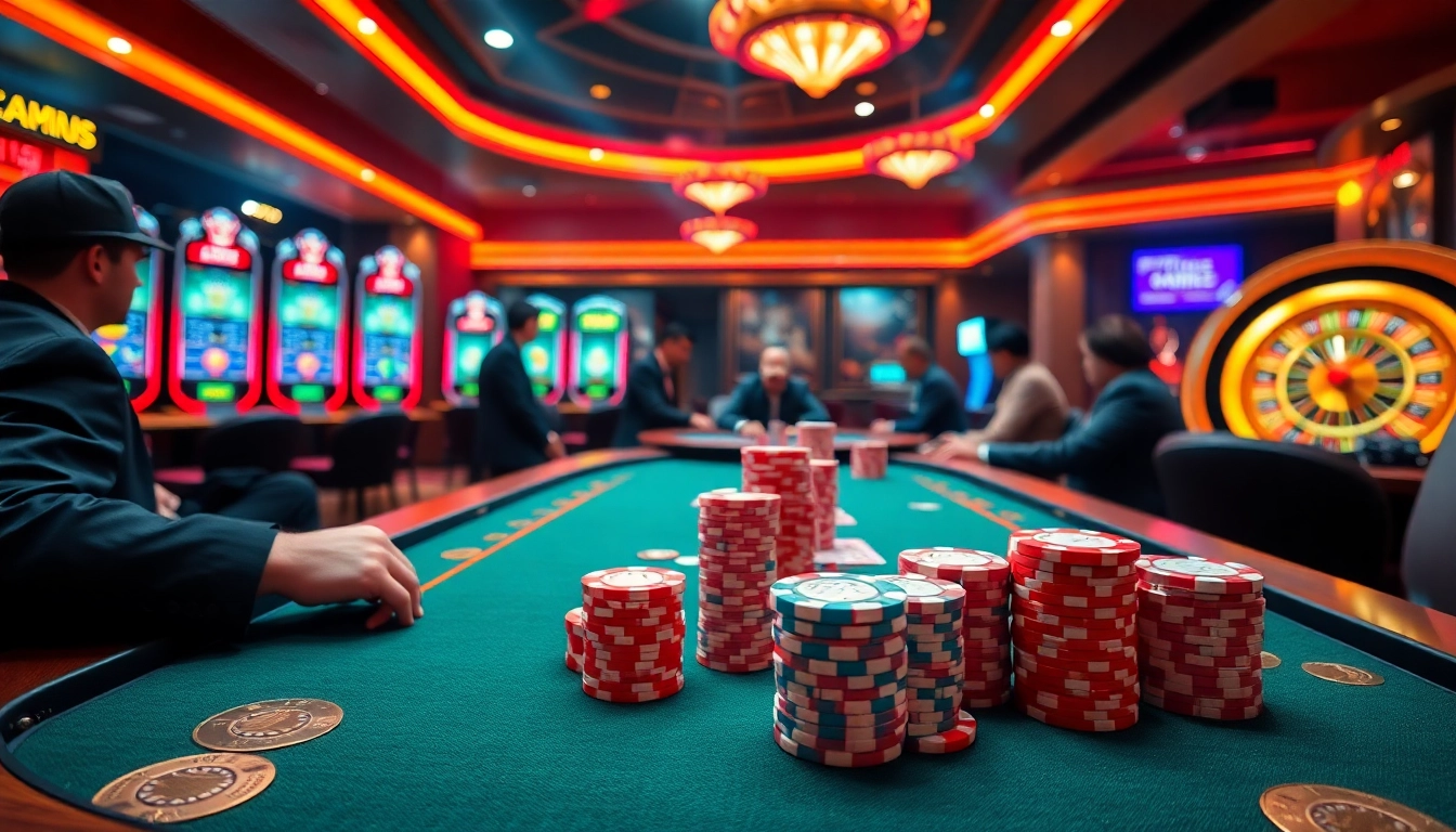 Engage in thrilling gaming at https://ax88.bid/ with professionals at a luxurious poker table surrounded by vibrant slots.