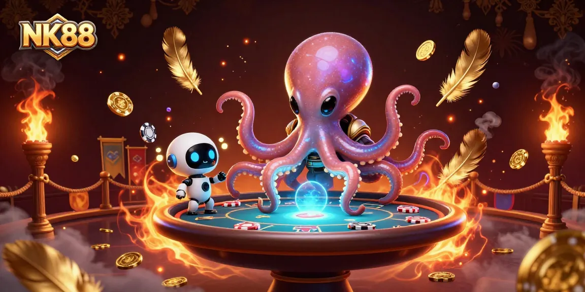 Join NK88’s alien octopus at a holographic poker table, amid swirling cosmic casino elements.
