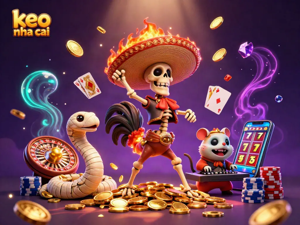 Engage with keo nha cai in this vibrant 3D scene featuring a mariachi rooster and a lively casino atmosphere.