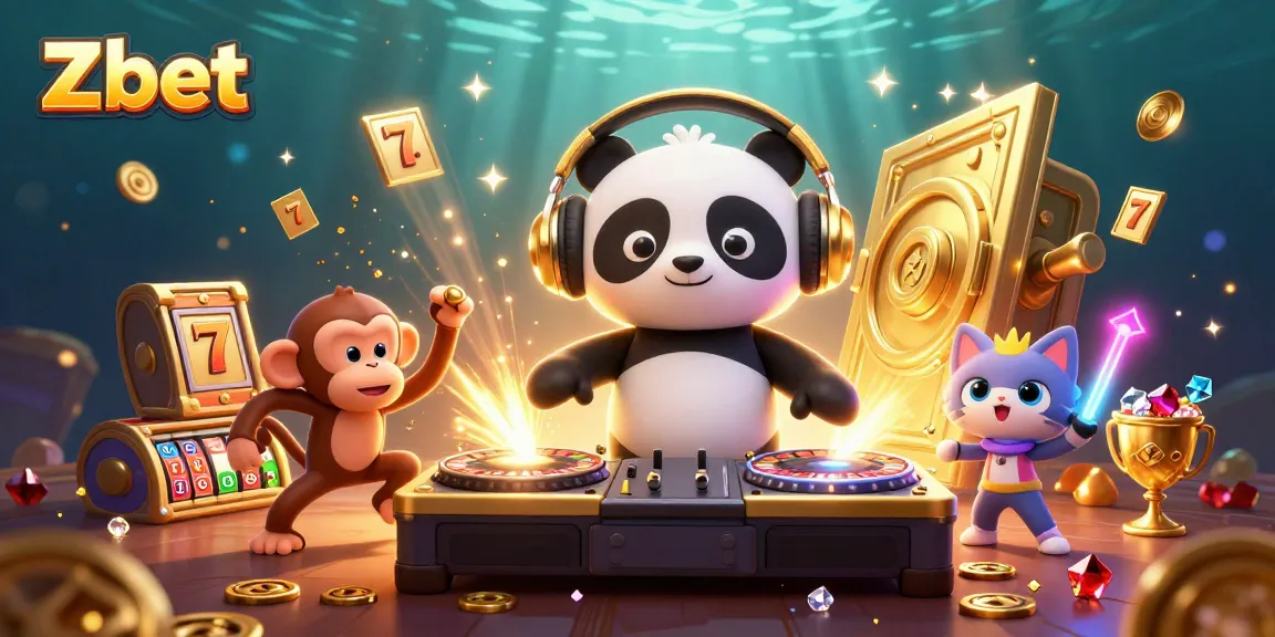 Zbet showcases a vibrant casino scene with a DJ panda and lively characters, enhancing gaming excitement.