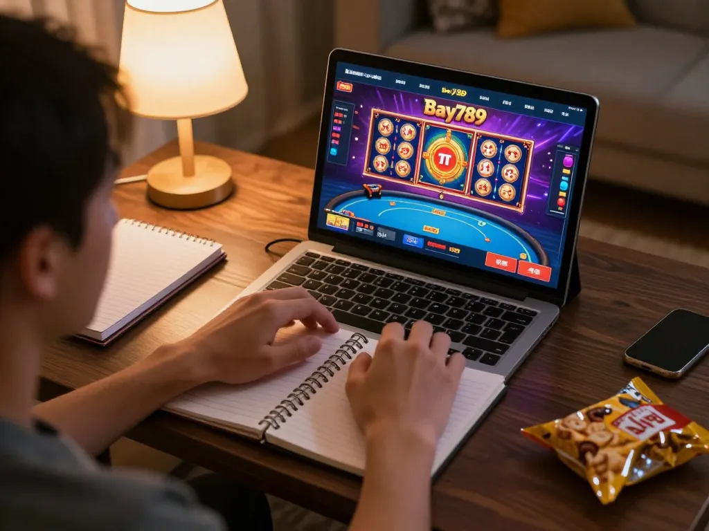 Player enjoying Bay789 online casino gaming experience at home with engaging tablet interface