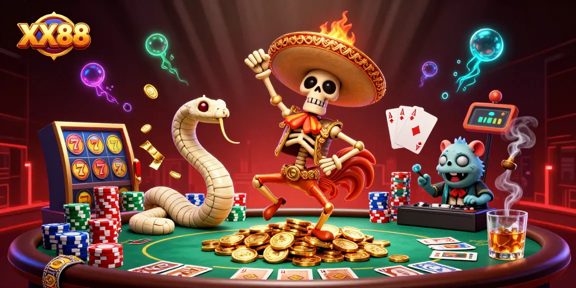 Engage in thrilling games at XX88 with a stunning 3D casino scene filled with vibrant characters and poker elements.