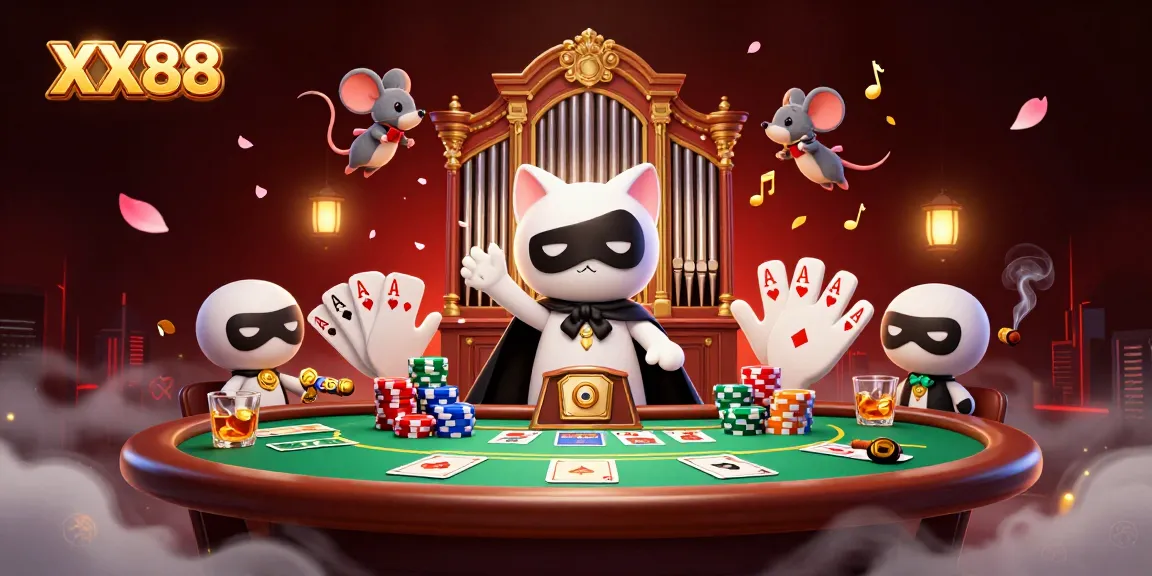 Engage in thrilling gaming at XX88 with an energetic casino illustration showcasing poker elements and vibrant characters.