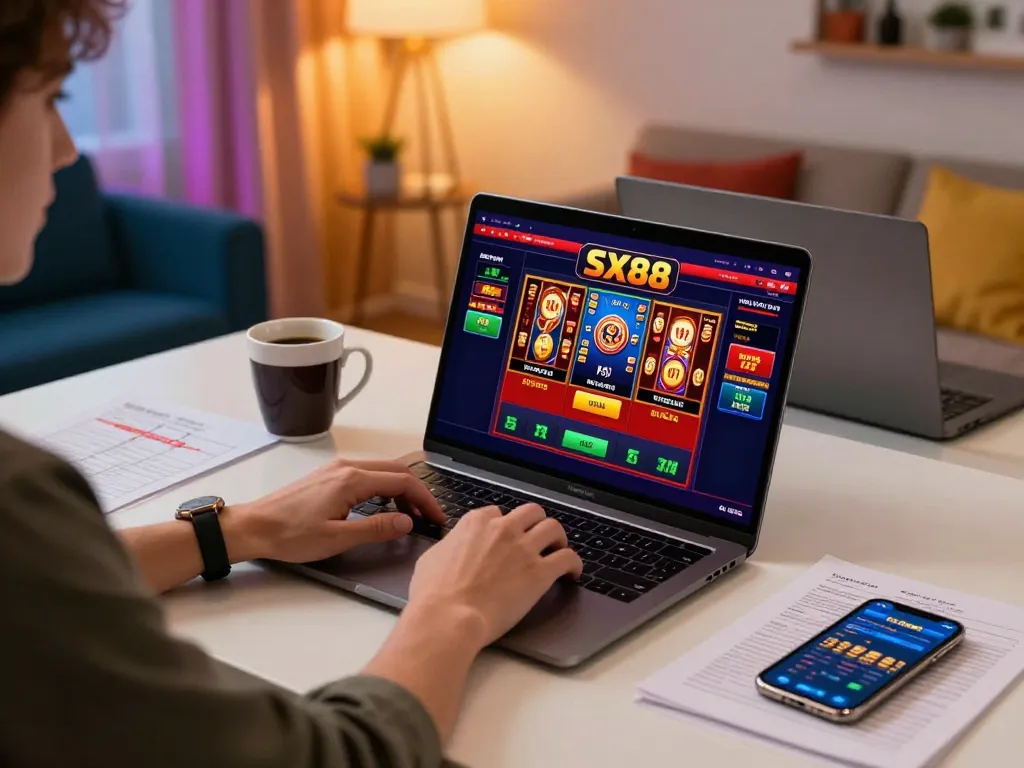SX88 casino player engaged in online poker with laptop and strategy notes.