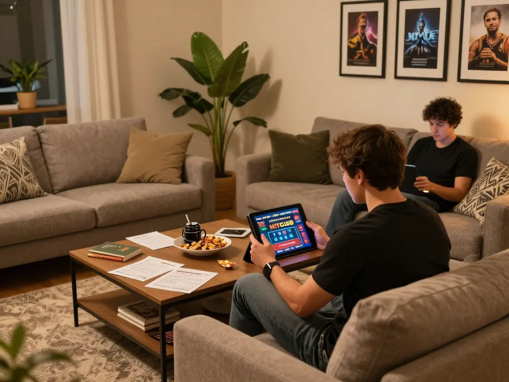 Engaging in online gambling on Hitclub tablet, showcasing a cozy home gaming setup