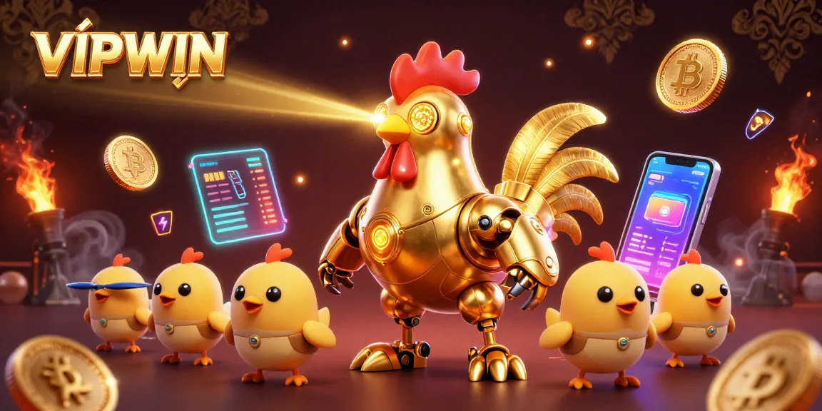 Experience the excitement of VIPWIN with a futuristic golden rooster robot and baby chick drones surrounded by vibrant crypto elements.