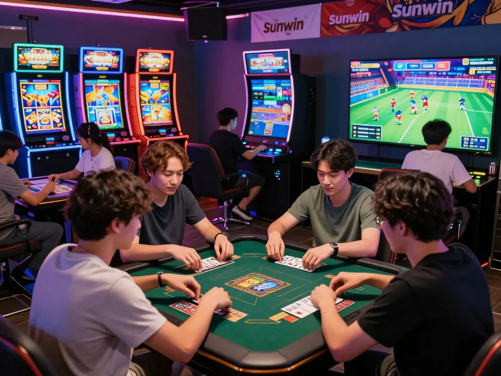 Players enjoying diverse games on the Sunwin platform, highlighting engaging card games and vibrant slot machines.