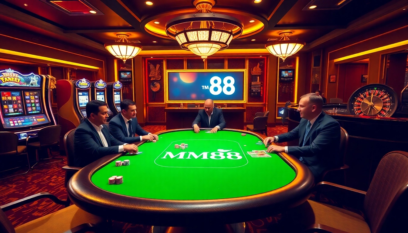 Players enjoying poker at an elegant MM88 casino table with vibrant gaming elements.