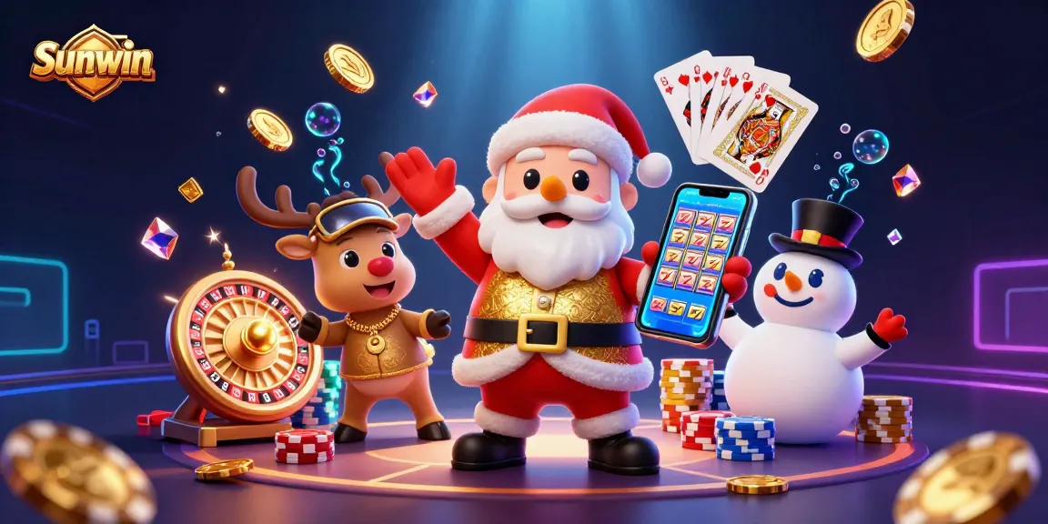 Experience the exciting world of Sunwin with Santa enjoying jackpot slots and festive companions in a vibrant casino scene.